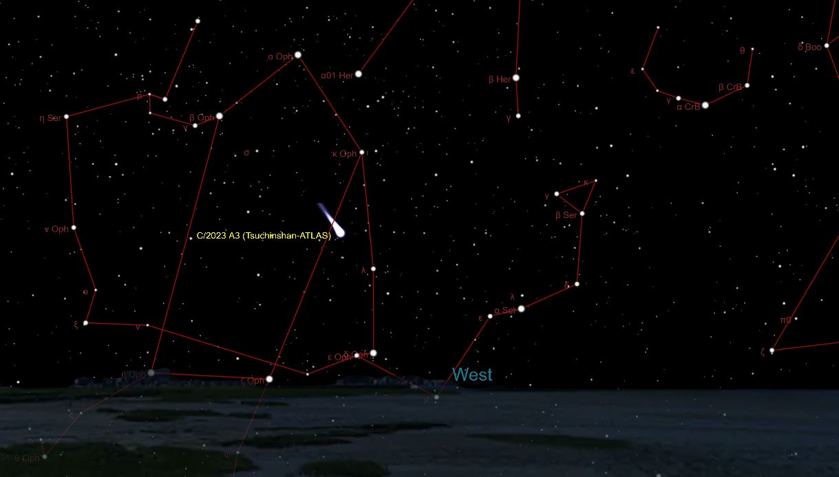 Komeet C/2023 A3 Tsuchinshan-ATLAS op 21 oktober aan de avondhemel.